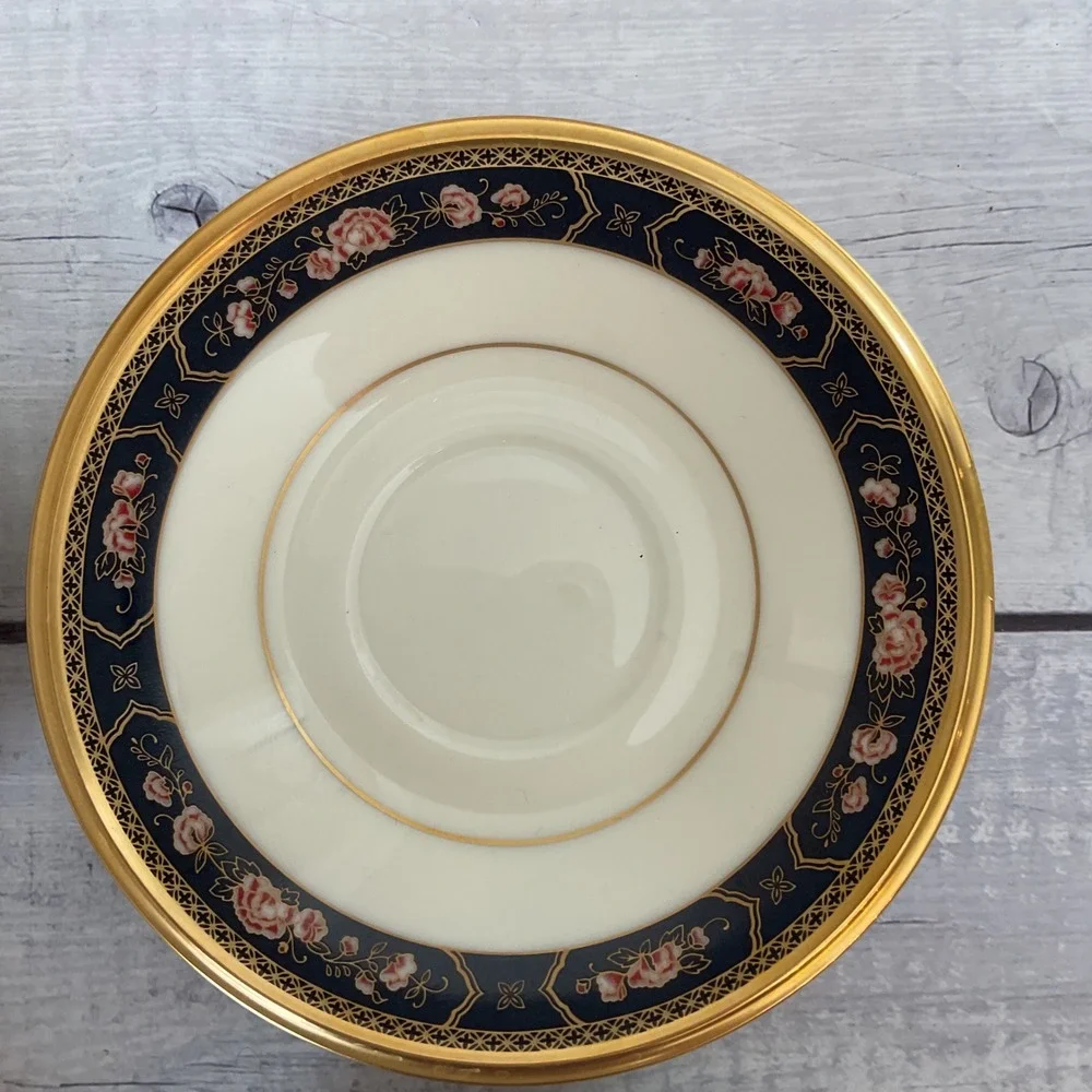 Lenox Royal Peony Saucers Set of 4 Ivory Navy Pink Floral Gold Trim Made in USA